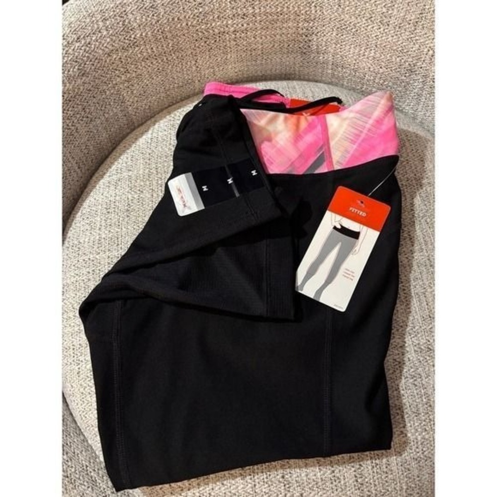 Xersion Womens Black Pink Abstract Waistband Fitted Mid Rise Leggings Medium NWT